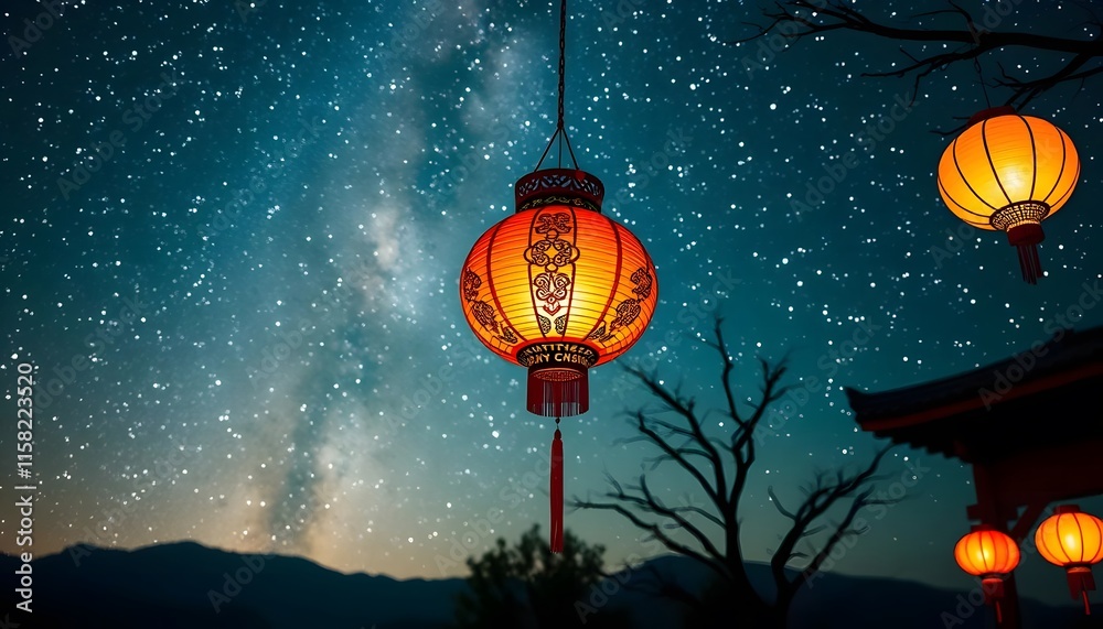 Obraz premium Vibrant Lantern and Chinese lantern in Cosmic and Milky Way Background Generated by Ai
