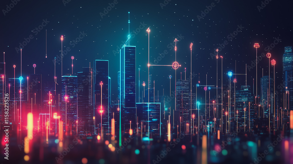 Smart digital Innovation city with connection network reciprocity over the cityscape. of future smart wireless digital city and social media networking systems that connects people with in city Smart digital Innovation city with connection network reciprocity over the cityscape. of future smart wireless digital city and social media networking systems that connects people with in city
