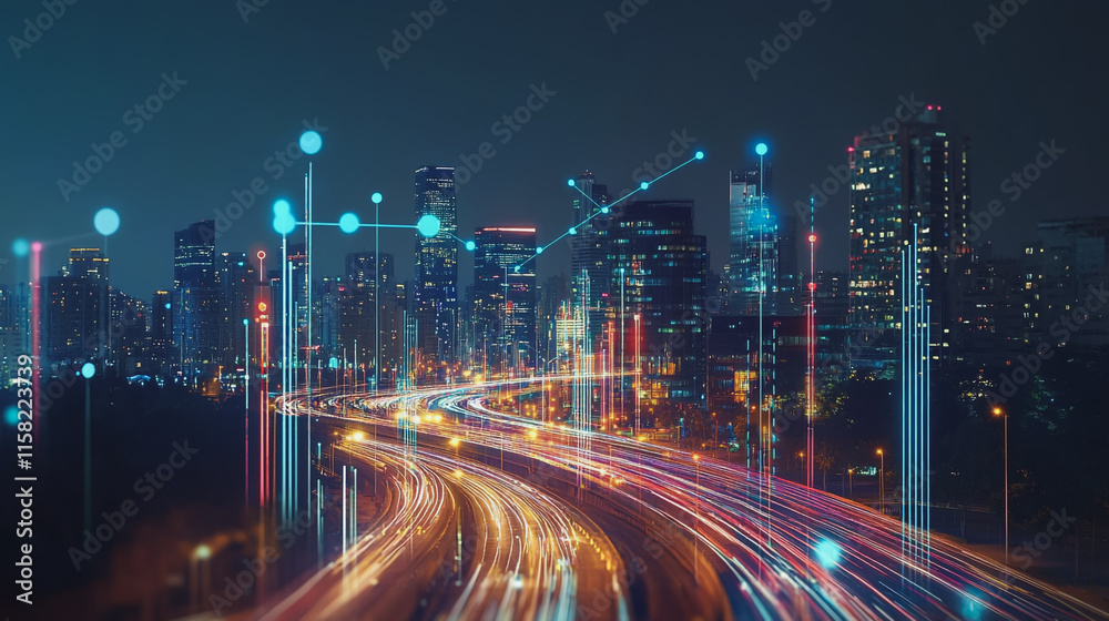 Obraz premium Smart digital Innovation city with connection network reciprocity over the cityscape. of future smart wireless digital city and social media networking systems that connects people with in city
