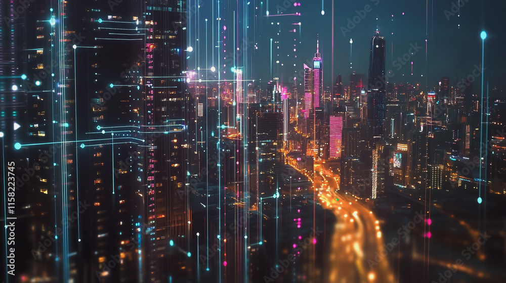 Smart digital Innovation city with connection network reciprocity over the cityscape. of future smart wireless digital city and social media networking systems that connects people with in city Smart digital Innovation city with connection network reciprocity over the cityscape. of future smart wireless digital city and social media networking systems that connects people with in city