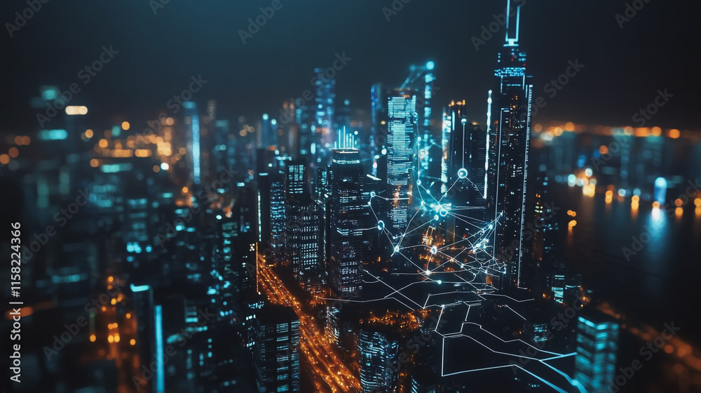 Fototapeta premium Smart digital Innovation city with connection network reciprocity over the cityscape. of future smart wireless digital city and social media networking systems that connects people with in city