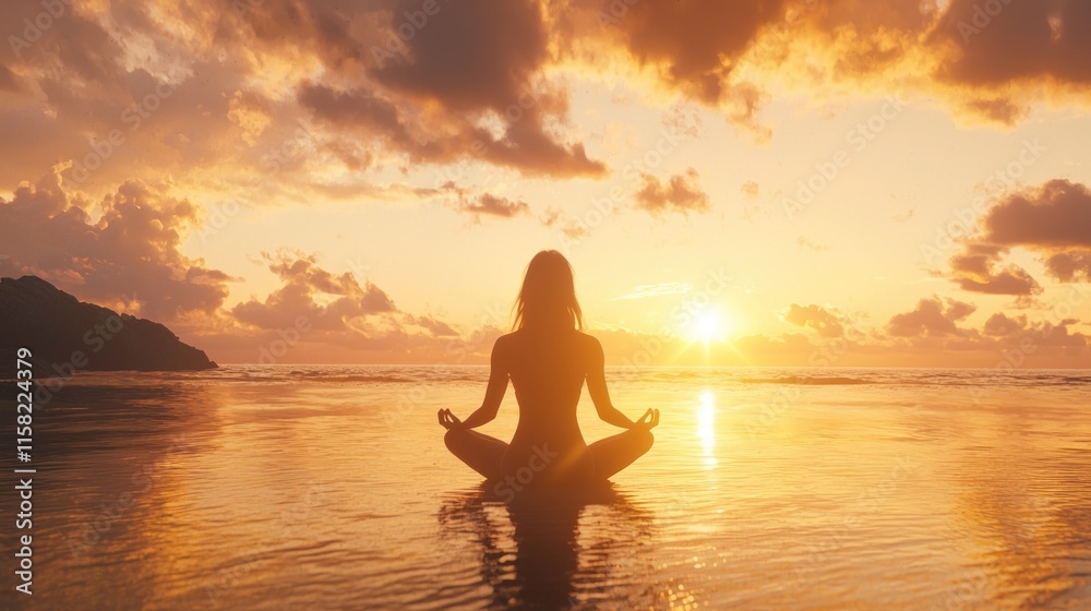 A serene figure meditating at sunset over a tranquil ocean. A serene figure meditating at sunset over a tranquil ocean.