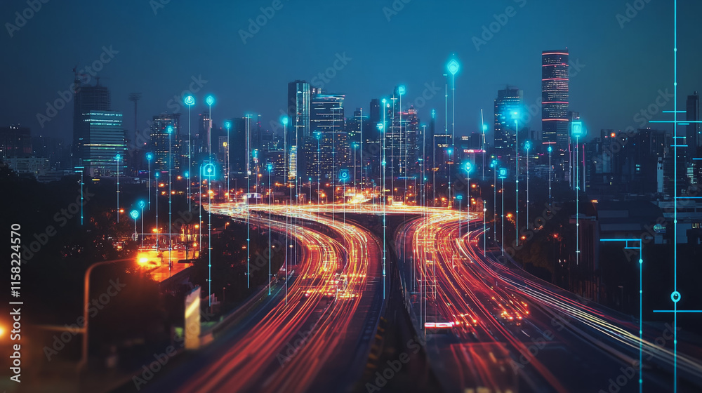 Fototapeta premium Smart digital Innovation city with connection network reciprocity over the cityscape. of future smart wireless digital city and social media networking systems that connects people with in city