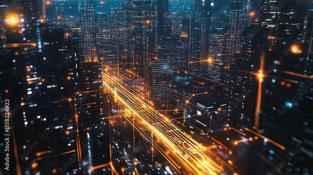 Smart digital Innovation city with connection network reciprocity over the cityscape. of future smart wireless digital city and social media networking systems that connects people with in city Smart digital Innovation city with connection network reciprocity over the cityscape. of future smart wireless digital city and social media networking systems that connects people with in city