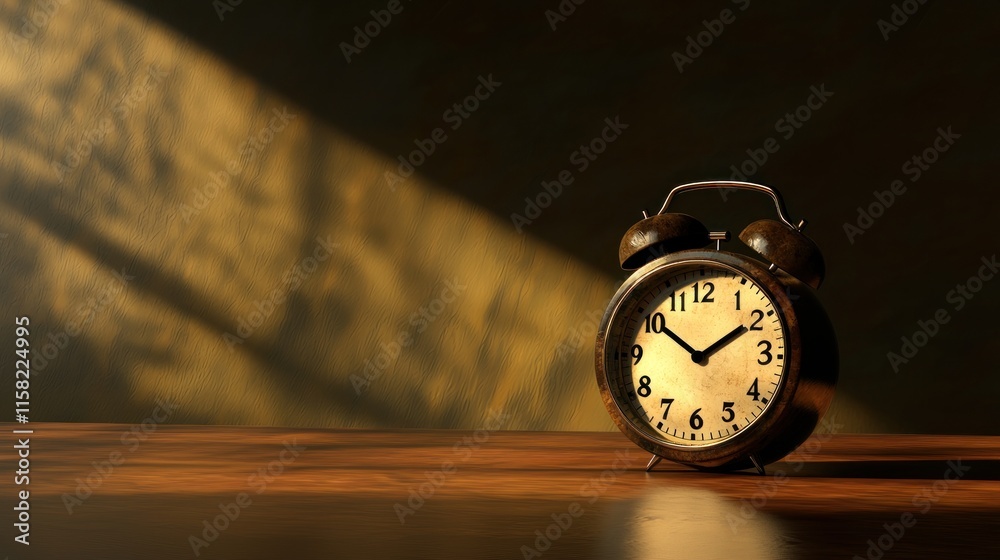 An antique alarm clock casting shadows in warm light, symbolizing the passage of time. An antique alarm clock casting shadows in warm light, symbolizing the passage of time.