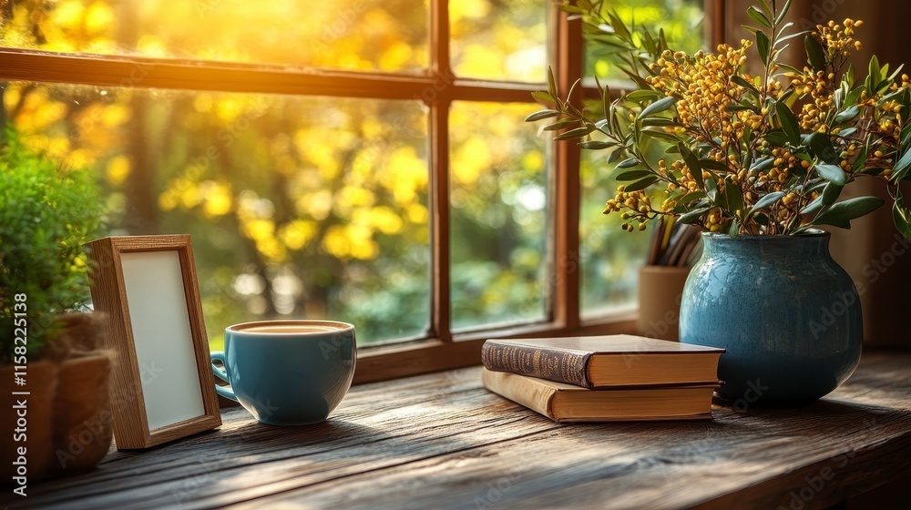 Cozy autumn scene coffee cup, books, plants, and photo frame on window sill with sunlit view. Cozy autumn scene coffee cup, books, plants, and photo frame on window sill with sunlit view.
