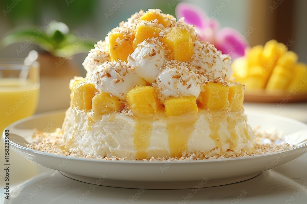 A decadent Baked Alaska infused with tropical flavors, showcasing layers of coconut and mango ice cream beneath a golden meringue shell..