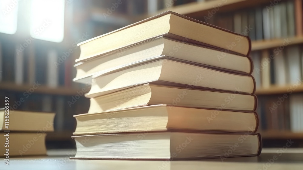 Stack of books in a cozy library setting.