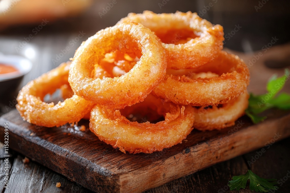 Close-up of golden, crispy onion rings stacked on a wooden board, with light reflections emphasizing their crunchy texture. A gourmet comfort snack.. Close-up of golden, crispy onion rings stacked on a wooden board, with light reflections emphasizing their crunchy texture. A gourmet comfort snack..
