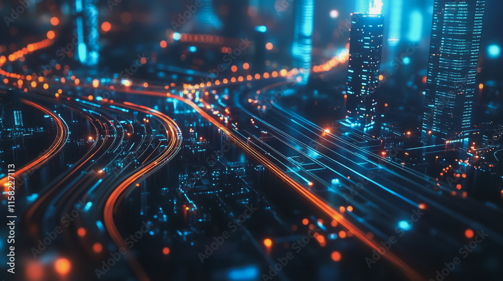 Smart digital Innovation city with connection network reciprocity over the cityscape. of future smart wireless digital city and social media networking systems that connects people with in city