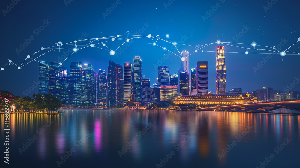 Naklejka premium Smart digital Innovation city with connection network reciprocity over the cityscape. of future smart wireless digital city and social media networking systems that connects people with in city