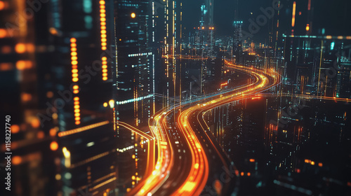 Smart digital Innovation city with connection network reciprocity over the cityscape. of future smart wireless digital city and social media networking systems that connects people with in city