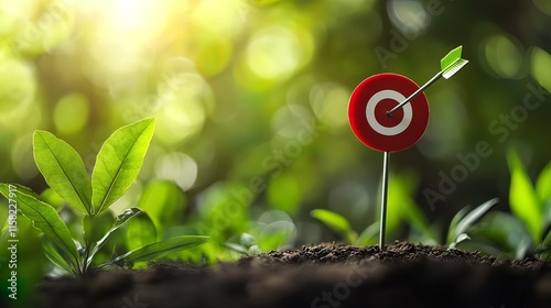 Red target arrow in ground with plants, sunlight. photo