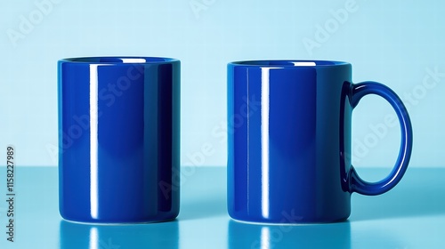 Skipper blue ceramic mug with a glossy finish, staged on a minimalist blue background with soft reflections, ample room for copy text, professional photography, balanced composition,
