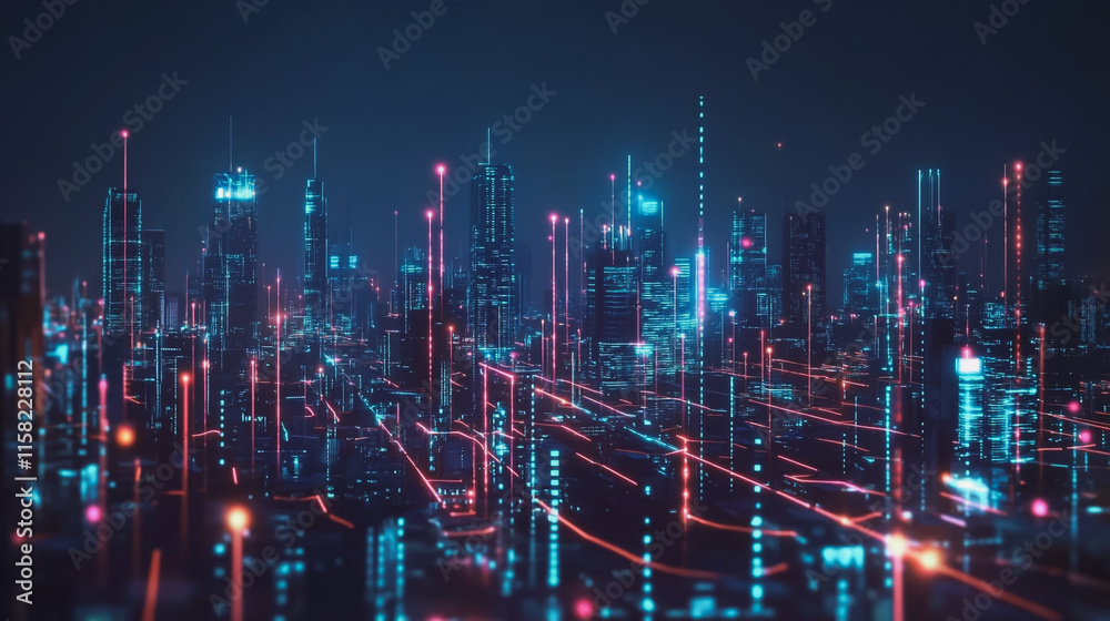 Fototapeta premium Smart digital Innovation city with connection network reciprocity over the cityscape. of future smart wireless digital city and social media networking systems that connects people with in city
