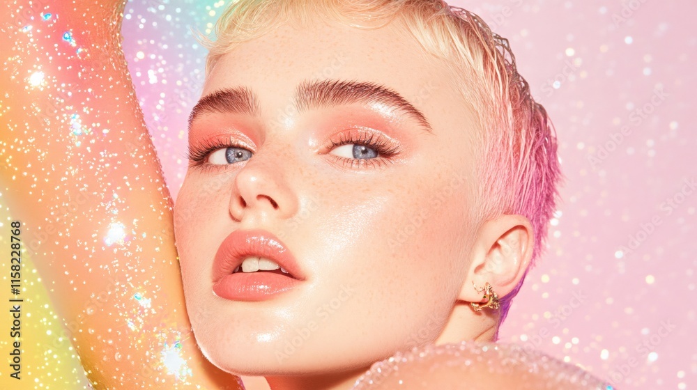 Young Woman with Short Hair and Glittery Makeup Pose Against Colorful Background Young Woman with Short Hair and Glittery Makeup Pose Against Colorful Background