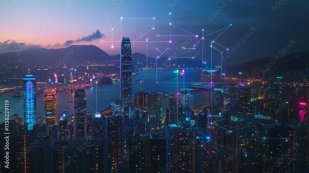 Fototapeta premium Smart Innovation city with connection cyber security network reciprocity over the cityscape . future wireless digital city and social media networking systems that connects people with in the city