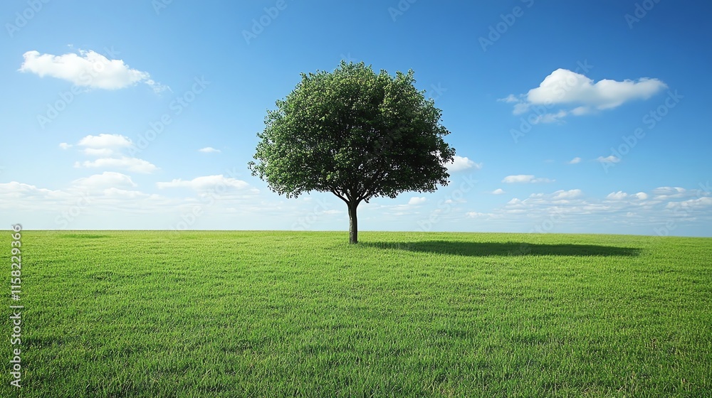 Obraz premium A solitary tree stands on a grassy field under a clear blue sky with scattered clouds.