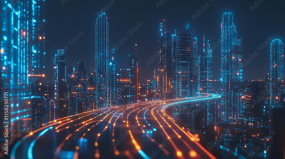 Smart Innovation city with connection cyber security network reciprocity over the night cityscape future wireless digital city and social media networking systems that connects people in the city