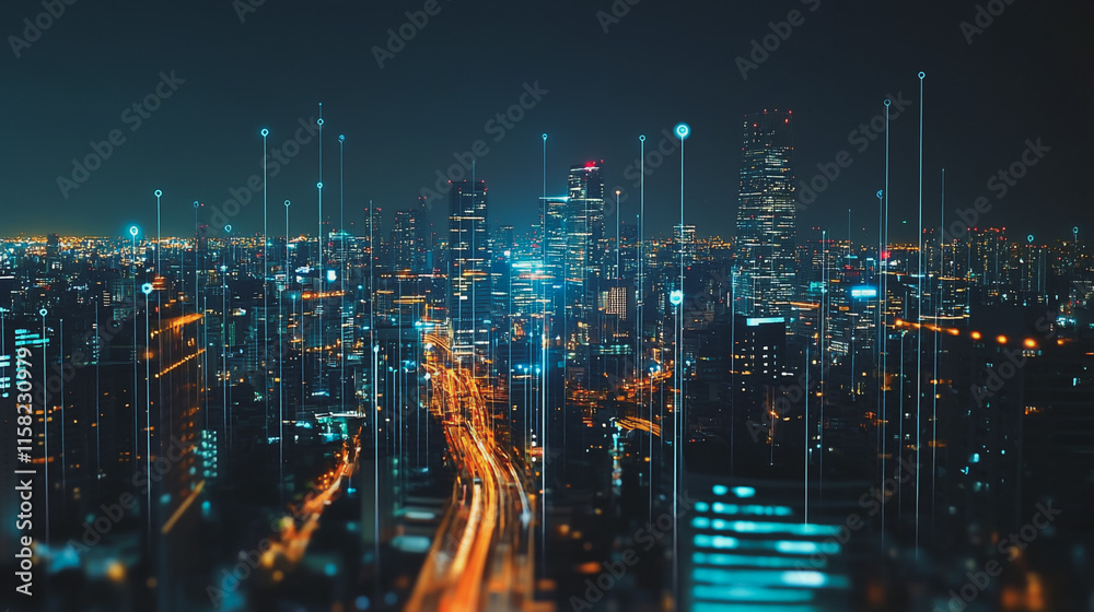Smart Innovation city with connection cyber security network reciprocity over the night cityscape future wireless digital city and social media networking systems that connects people in the city Smart Innovation city with connection cyber security network reciprocity over the night cityscape future wireless digital city and social media networking systems that connects people in the city
