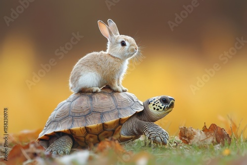 A playful rabbit perched on a turtle's back during a whimsical race, with a blurred background emphasizing motion and fun.. photo