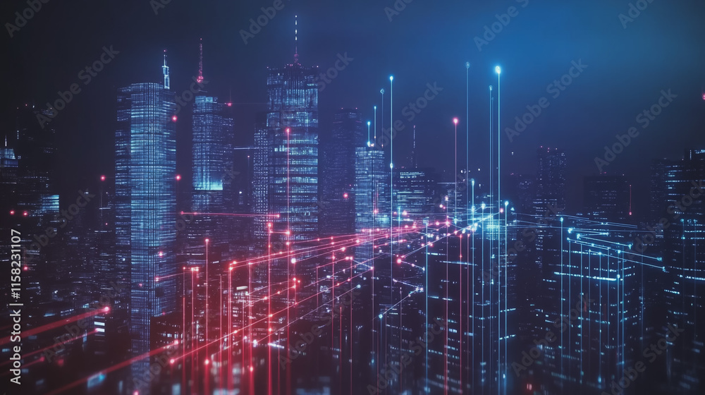 Smart Innovation city with connection cyber security network reciprocity over the night cityscape future wireless digital city and social media networking systems that connects people in the city Smart Innovation city with connection cyber security network reciprocity over the night cityscape future wireless digital city and social media networking systems that connects people in the city