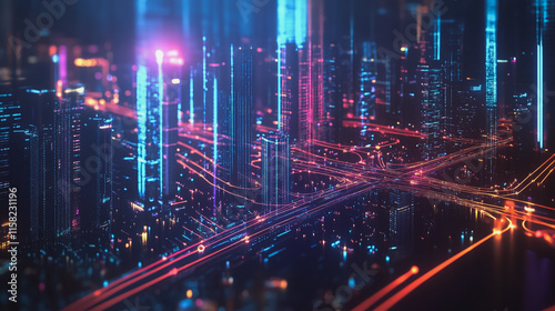 Smart Innovation city with connection cyber security network reciprocity over the night cityscape future wireless digital city and social media networking systems that connects people in the city