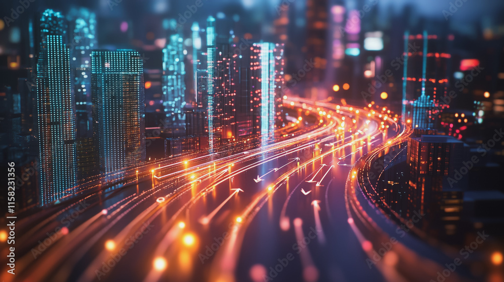 Fototapeta premium Smart Innovation city with connection cyber security network reciprocity over the night cityscape future wireless digital city and social media networking systems that connects people in the city
