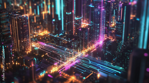 Smart Innovation city with connection cyber security network reciprocity over the night cityscape future wireless digital city and social media networking systems that connects people in the city