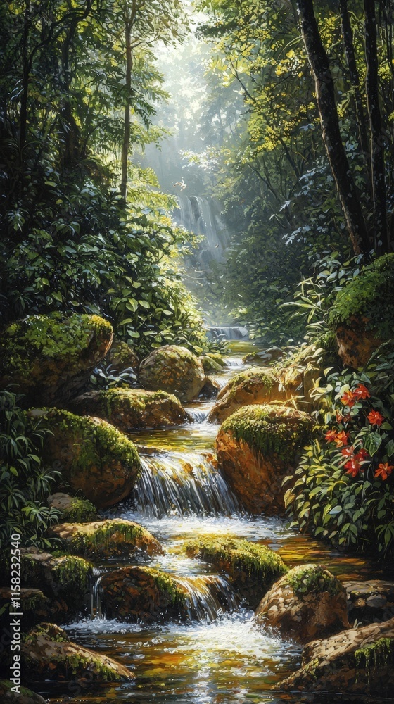 A peaceful stream winds around mossy boulders, illuminated by dappled sunlight, surrounded by dense greenery and vibrant wildflowers in a serene forest.. A peaceful stream winds around mossy boulders, illuminated by dappled sunlight, surrounded by dense greenery and vibrant wildflowers in a serene forest..