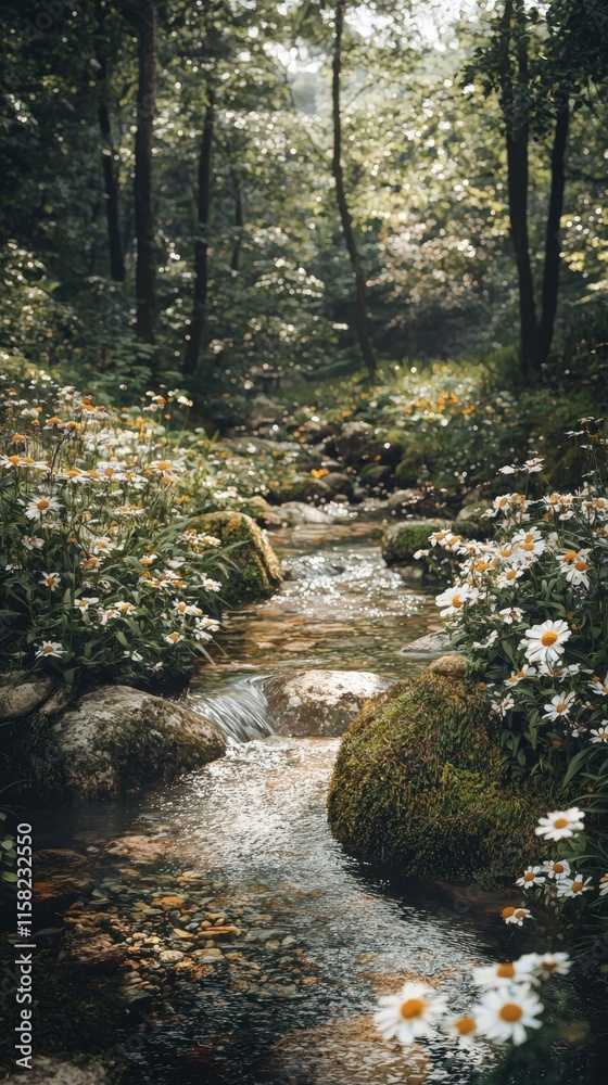 A peaceful stream winds around mossy boulders, illuminated by dappled sunlight, surrounded by dense greenery and vibrant wildflowers in a serene forest.. A peaceful stream winds around mossy boulders, illuminated by dappled sunlight, surrounded by dense greenery and vibrant wildflowers in a serene forest..