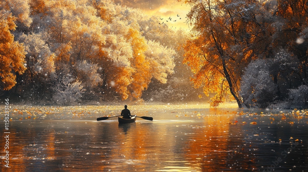 Fototapeta premium A serene autumn scene with a person in a boat on a tranquil lake surrounded by colorful trees.