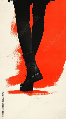 A silhouette of legs in black attire, stepping against a bold red background.