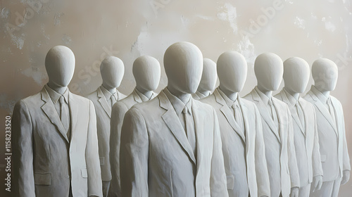 Faceless figures in white suits: a study of anonymity and identity. Obfuscate. Illustration