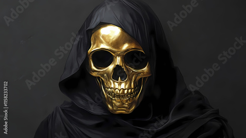 Golden skull mask in black hood. Obfuscate. Illustration photo