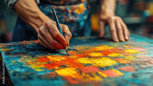 Close-up of artist's hands painting vibrant abstract artwork on canvas.