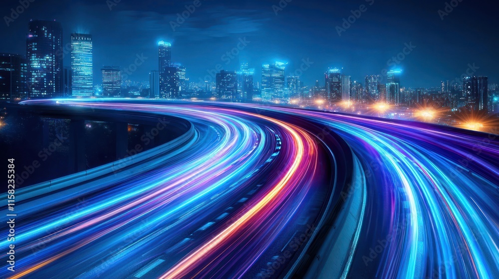 Fototapeta premium A vibrant cityscape at night with illuminated roadways and skyscrapers.