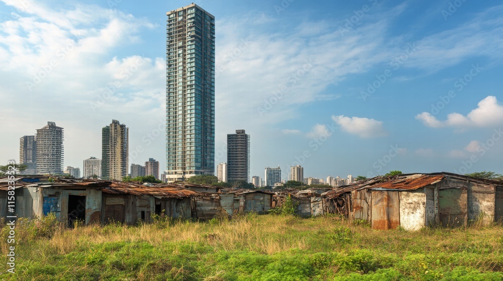 Obraz premium Contrasting luxury skyscraper next to rundown shacks in an urban landscape. Generative AI