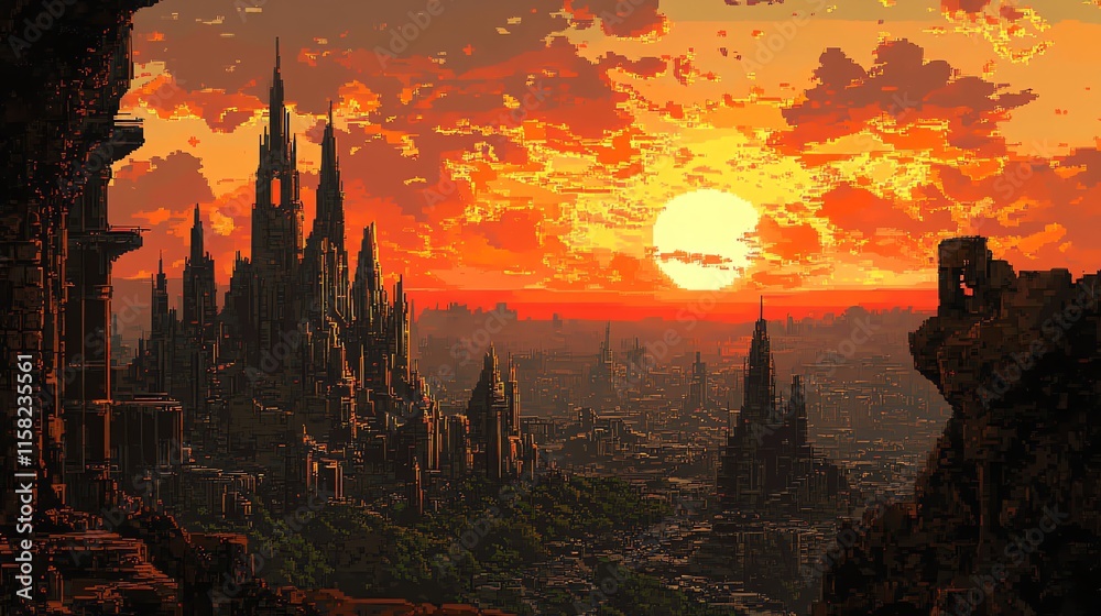 Naklejka premium A vibrant sunset over a fantastical, jagged cityscape filled with towering spires.