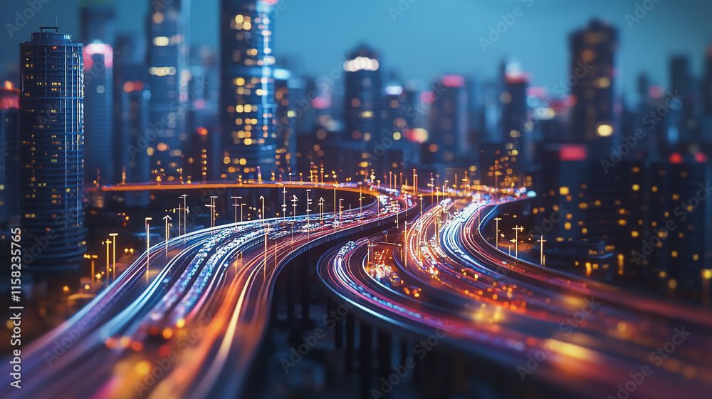 Fototapeta premium Smart Innovation city with connection cyber security network reciprocity over the night cityscape future wireless digital city and social media networking systems that connects people in the city