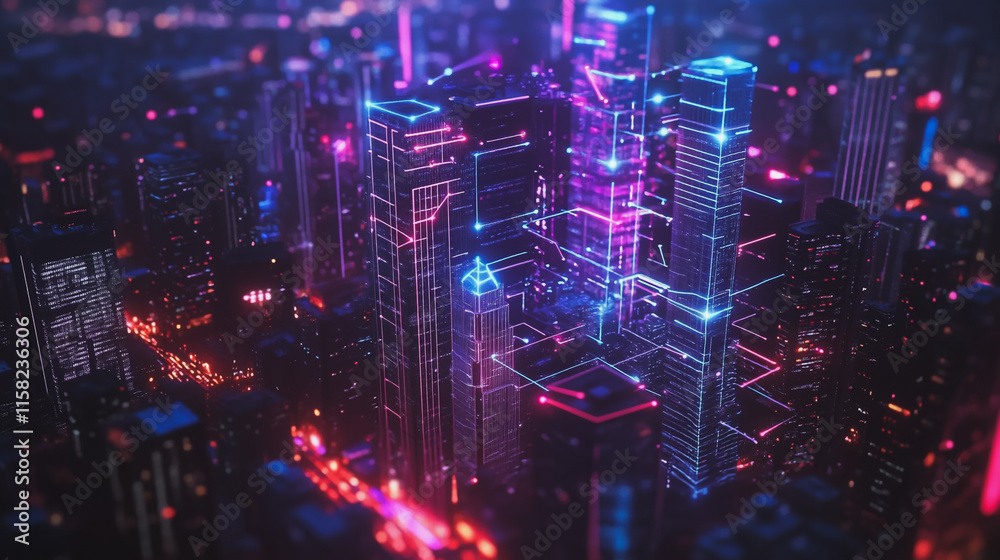Smart Innovation city with connection cyber security network reciprocity over the night cityscape future wireless digital city and social media networking systems that connects people in the city