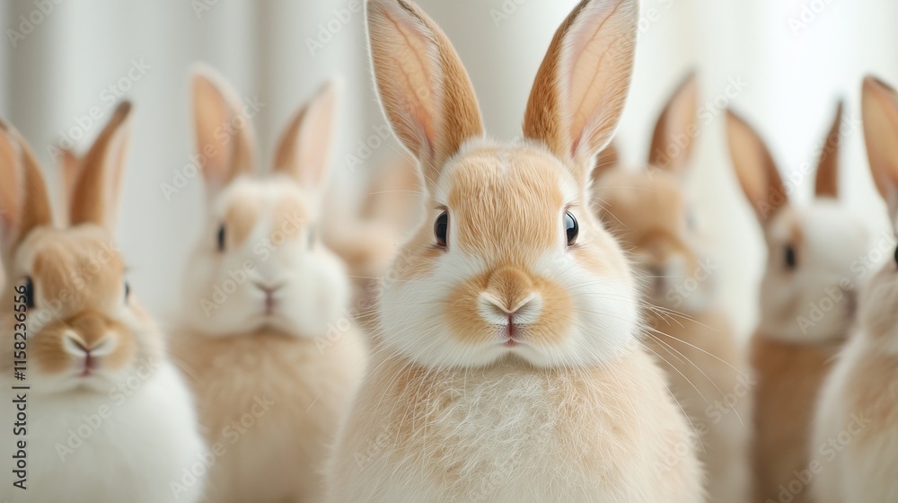 Obraz premium A group of cute, fluffy rabbits stands close together, showcasing their soft fur and alert expressions, creating an adorable scene.