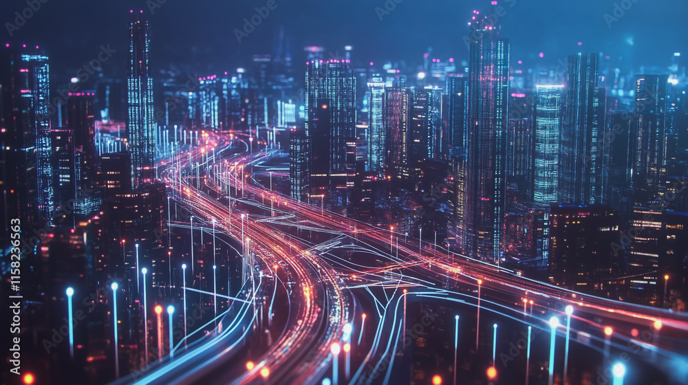 Smart Innovation city with connection cyber security network reciprocity over the night cityscape future wireless digital city and social media networking systems that connects people in the city Smart Innovation city with connection cyber security network reciprocity over the night cityscape future wireless digital city and social media networking systems that connects people in the city