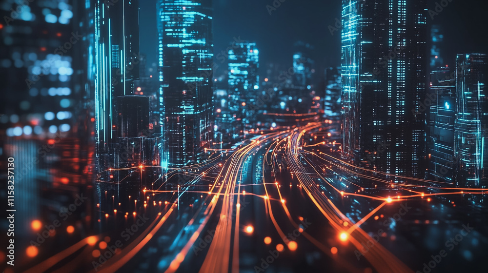 Smart Innovation city with connection cyber security network reciprocity over the cityscape . future wireless digital city and social media networking systems that connects people with in the city Smart Innovation city with connection cyber security network reciprocity over the cityscape . future wireless digital city and social media networking systems that connects people with in the city