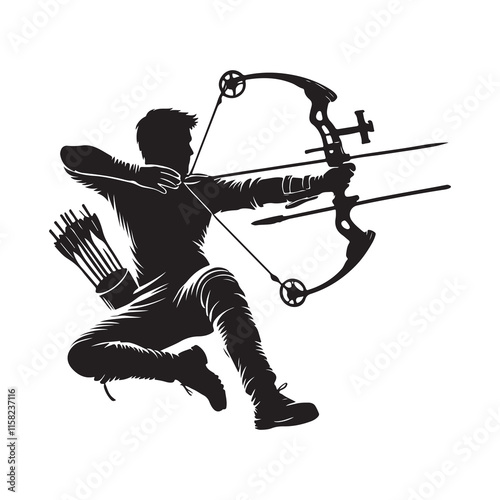 Archery Silhouette Vector Illustration, Solid White Background.
