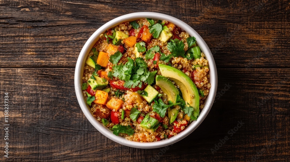 A vibrant quinoa bowl topped with avocado, vegetables, and herbs, served in a white bowl against a rustic wooden background. A vibrant quinoa bowl topped with avocado, vegetables, and herbs, served in a white bowl against a rustic wooden background.