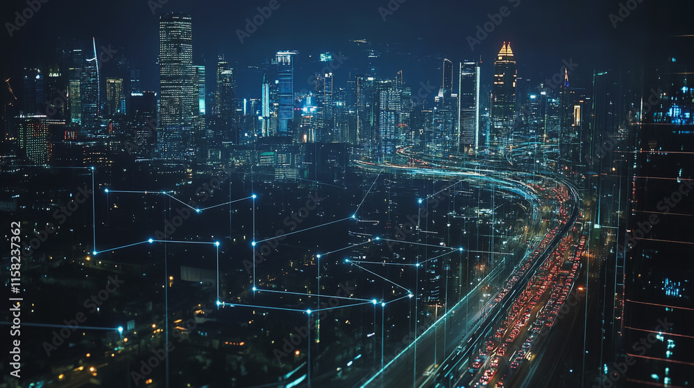 Smart Innovation city with connection cyber security network reciprocity over the cityscape . future wireless digital city and social media networking systems that connects people with in the city Smart Innovation city with connection cyber security network reciprocity over the cityscape . future wireless digital city and social media networking systems that connects people with in the city