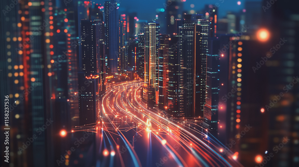 Smart digital Innovation city with connection network reciprocity over the cityscape. of future smart wireless digital city and social media networking systems that connects people with in city Smart digital Innovation city with connection network reciprocity over the cityscape. of future smart wireless digital city and social media networking systems that connects people with in city