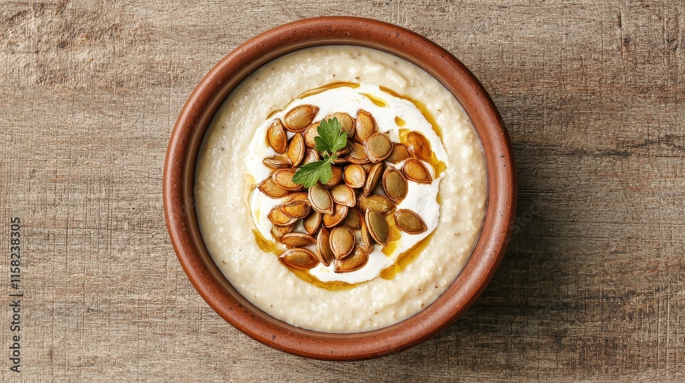 A creamy dip served in a bowl, garnished with pumpkin seeds and a drizzle of sauce, resting on a rustic wooden surface. A creamy dip served in a bowl, garnished with pumpkin seeds and a drizzle of sauce, resting on a rustic wooden surface.