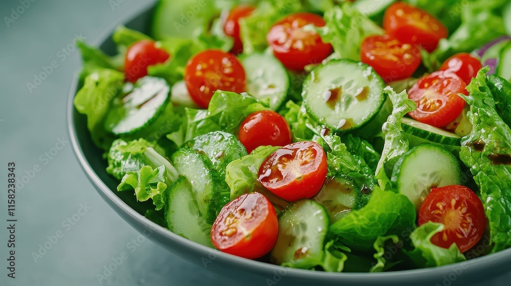 A vibrant salad bowl featuring fresh lettuce, sliced cucumbers, and cherry tomatoes tossed together for a healthy meal option. A vibrant salad bowl featuring fresh lettuce, sliced cucumbers, and cherry tomatoes tossed together for a healthy meal option.